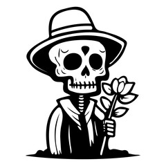 Coloring outline of a skeleton teenage boy in a raincoat with a hat stands with a flower. Vector cartoon illustration.