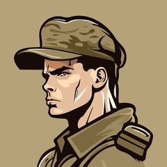 A serious soldier stands in military uniform and a military cap on a green background. Vector illustration.