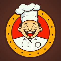 A logo in a circle for a pizzeria that depicts a satisfied, cute, happy smiling chef in a culinary cap. Vector illustration.