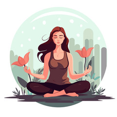 A young girl meditates in nature. Concept illustration for yoga, meditation, relax, recreation, healthy lifestyle. Vector illustration in flat cartoon style