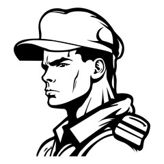 Coloring outline of serious soldier stands in military uniform and a military cap on a green background. Vector illustration.