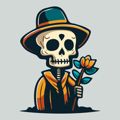 A skeleton teenage boy in a raincoat with a hat stands with a flower. Vector cartoon illustration.