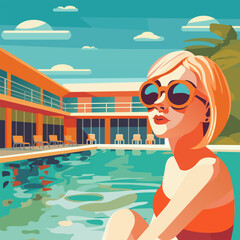 A young woman in a swimsuit and sunglasses sits near the pool of a retro-style sonatorium. Vector illustration.