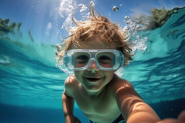 Fototapeta premium A happy boy swims and dives underwater, wearing diving glasses. having fun in the pool underwater. Active healthy lifestyle, water sports and swimming lessons during the summer holidays