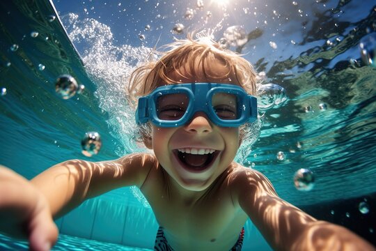 A happy boy swims and dives underwater, wearing diving glasses. having fun in the pool underwater. Active healthy lifestyle, water sports and swimming lessons during the summer holidays