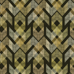 Seamless textured geometric pattern. Mustard pattern on a black background. 