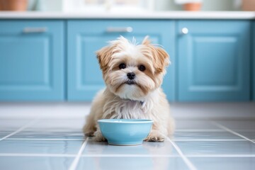 A small dog with a bowl in a kitchen. - 697100217
