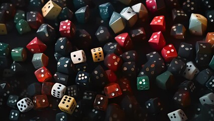 A magnified of a group of dice, each showing different numbers representing stock prices. The dice are tered on a dark background, symbolizing the unpredictability and randomness of