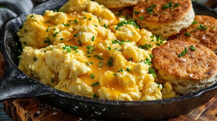 a skillet of scrambled eggs, for breakfast, protein