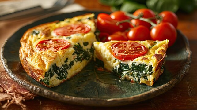 a plate of frittata , spinach, tomato