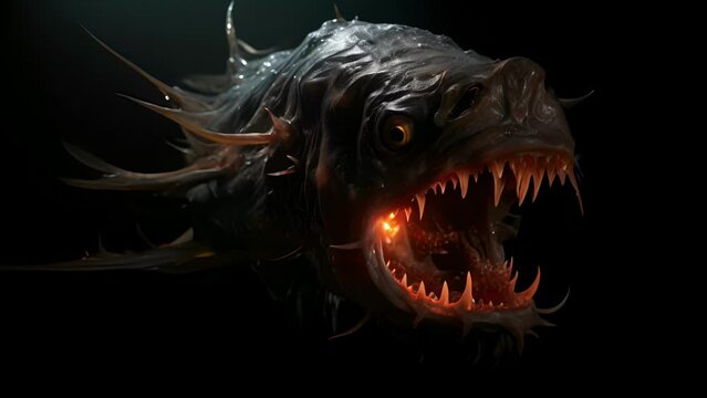 A closeup of a deep sea anglerfish, with its eerie glowing lure dangling in front of its terrifying mouth, luring unsuspecting prey towards its sharp teeth in the darkness of the ocean.