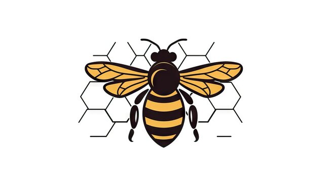 minimalistic line art of a honey bee on a honey comb filled with honey, black on white background, lino cut, logo