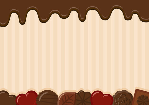 バレンタインのフレーム・背景素材、溶けたチョコレートといろいろな形のチョコレートと茶色のストライプ柄