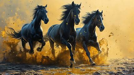 Three houses force runout, background are gold dust smoke and glitter blurred, strong and powerful horses,