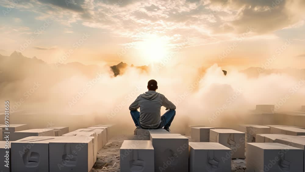 Poster a construction laborer squats in the center of a pile of cinder blocks surrounded by the sound of ca