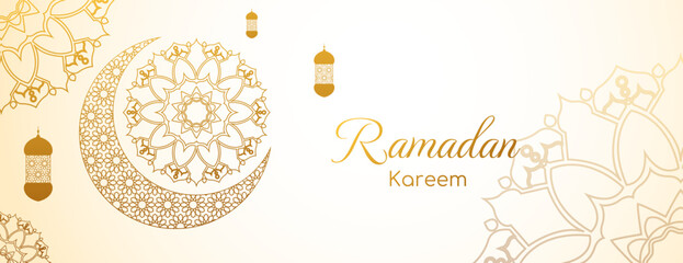 golden ramadan kareem banner with mandala, crescent and lantern. islamic background. © aditya