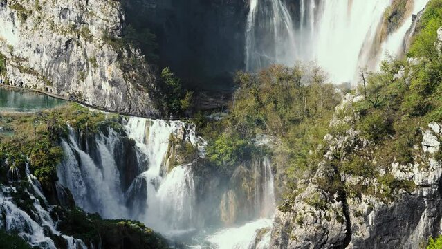 Plitvice Lakes National Park in Croatia. Reserve Plitvice Lakes. High content of calcium carbonate. National park in Croatia. A cascade of 16 lakes connected by waterfalls and a limestone canyon.