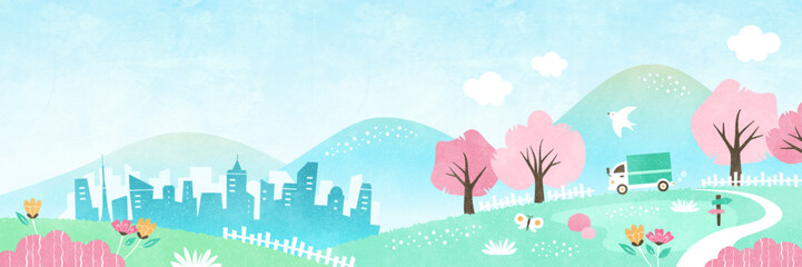 春の引っ越し・新生活のバナー背景 街へ向かうトラックと桜の咲く風景 - obrazy, fototapety, plakaty
