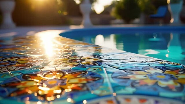 Closeup of the intricate and handpainted designs on designer pool tiles, highlighting the attention to detail and unique artistry.