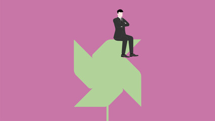 Confident businessman thinking and sitting with arms crossed on turbine paper. Business strategy, success,  leadership, and innovation concepts in minimal design and vibrant color. Vector illustration
