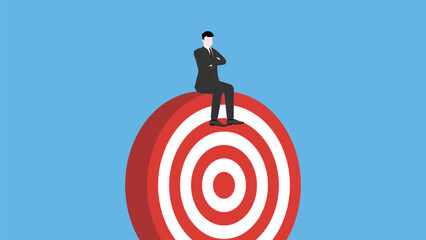 Confident businessman thinking and sitting with arms crossed on a target goal. Business strategy, success,  leadership, and innovation concepts in minimal design and vibrant color. Vector illustration