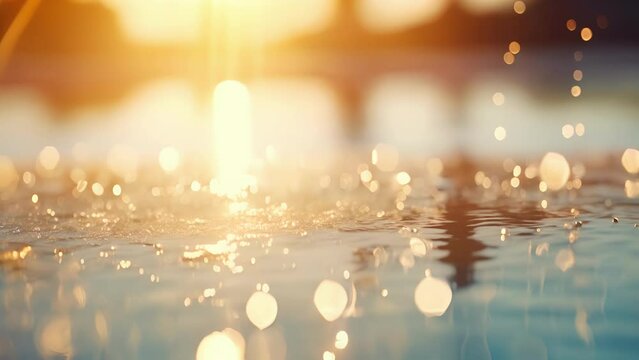 Tranquil closeup of water droplets on the infinity pool edge, capturing the tranquil ambiance of a sunset swim.