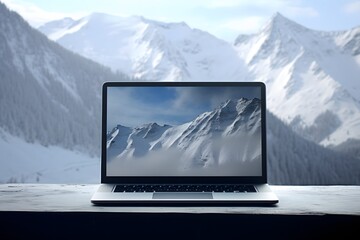 a laptop on a wooden table with the view of snowy mountains at back