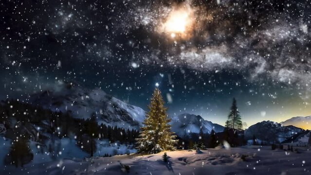 Glowing Christmas Tree In Winter Canyon Under Stary Sky - AI Animation