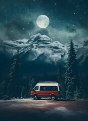 Fototapeta na wymiar camping mini bus van with snowy mountains with beautiful sky at night
