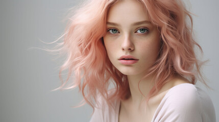Fototapeta premium A young woman with delicate peach fuzz curls gazes softly, her ethereal beauty framed by the light's gentle caress.