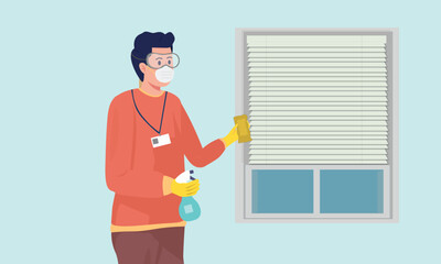 Window Cleaning work, Custodian, Janitor doing cleaning job, School cleaning work