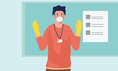 Wearing a Google safety mask and gloves for cleaning at school, Safety training at school and office