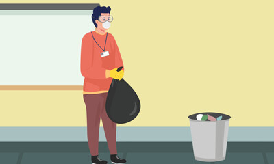 Removing trash at school, Cleaning work at school, Janitor work