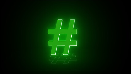 Neon glowing hashtag symbol icon sign isolated on black background. 3d render of hashtag icon. glowing hashtag sign.