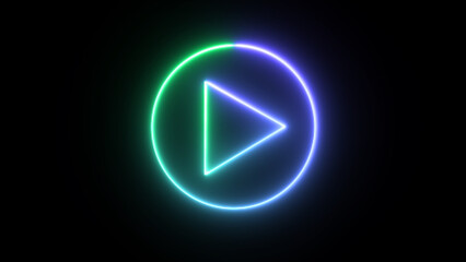 Glowing neon music or video play button on black background. play circular button neon icon. neon sound pause or play arrow button symbol icon. Simple icon for websites, web design, mobile app