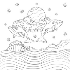 Orcas in the sky line art design.