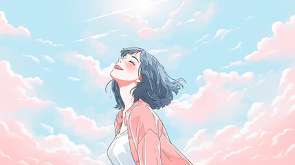笑顔で空を見上げる女性のイラスト