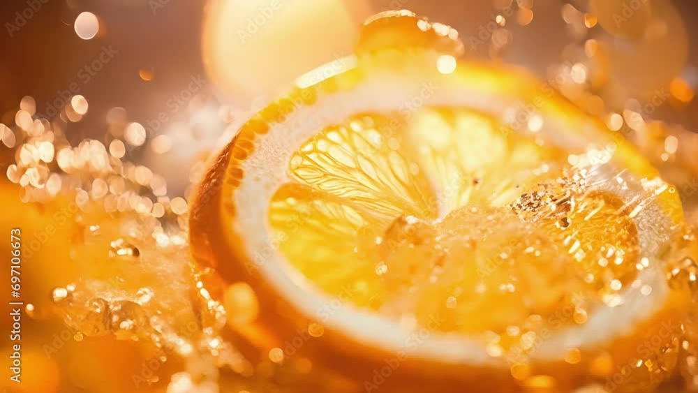 Poster closeup of a sparkling tail, bubbling with effervescence and a slice of lemon perched on the edge of