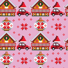 Fototapeta premium seamless pattern of christmas balls and house with pink background for christmas souvenirs for printing on products