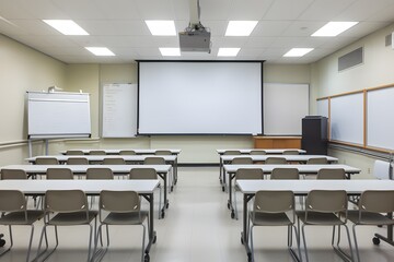 a modern classroom interior with chairs and a projector screen
