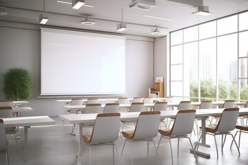 a modern classroom interior with chairs and a projector screen - Powered by Adobe