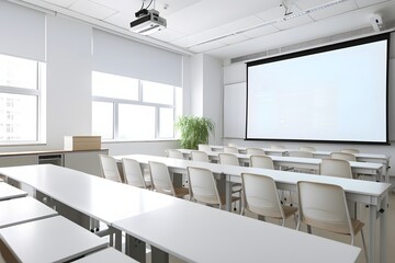 Fototapeta na wymiar a modern classroom interior with chairs and a projector screen