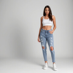 Brünette Frau mit zerissener Jeans und weißem Crop Top (Durch AI generiert)