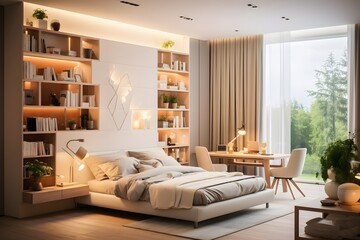 Fototapeta na wymiar a beautiful modern cozy comfortable bedroom interior with bookshelf