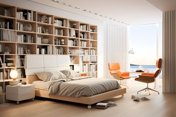 a beautiful modern cozy comfortable bedroom interior with bookshelf