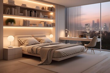 a beautiful modern cozy comfortable bedroom interior with bookshelf