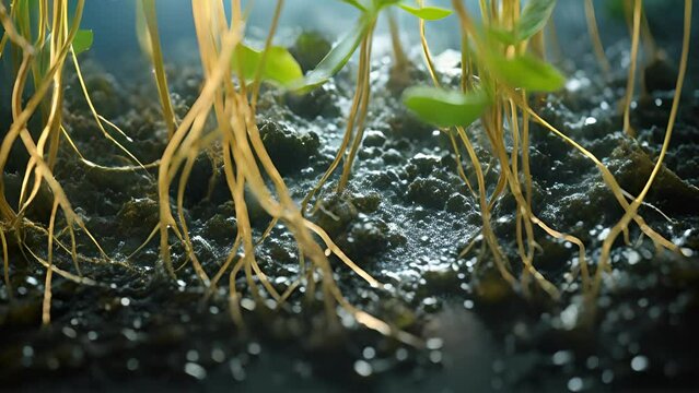 A magnified of the roots of a healing herb, featuring the tiny hairs that absorb water and essential nutrients from the soil to produce natural chemicals with theutic properties.