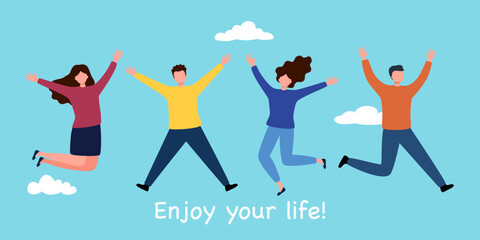 Young people jumping on blue sky background. Happy male and female teenagers celebrate their success. Enjoy your life. - obrazy, fototapety, plakaty
