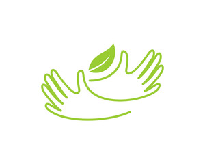 Hand Care with green leaves vector logo