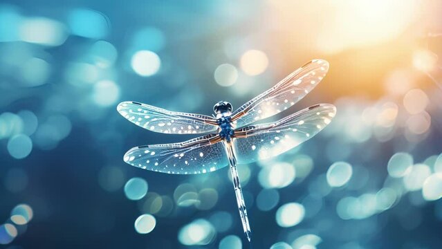 Closeup of a dragonfly hovering above the waters surface, its iridescent wings catching the moons radiance.